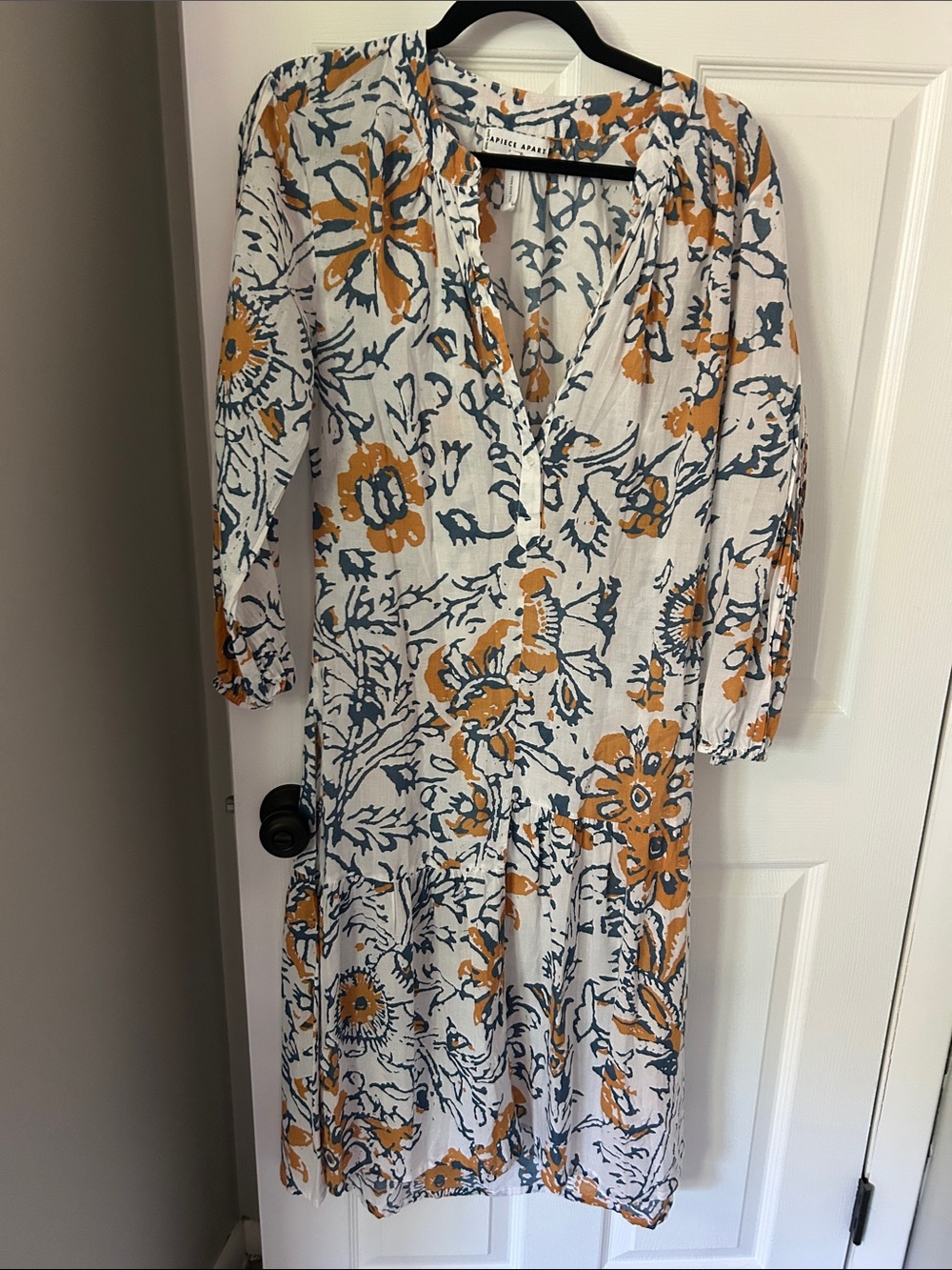 Apiece Apart White Midi Dress with Mustard & Navy Floral Print - Picture 4 of 5